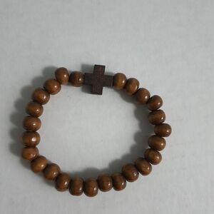 Natural Wood Beaded Bracelet with Cross Charm